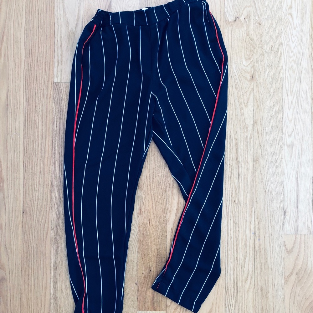 Anthropologie ett:twa navy pants white pin stripe